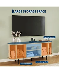 55"Fluted Tv Stand TVs Up to 65", Century Media Console Led Lights and Power Outlet, Center Storage, Sliding Door Adjustable Shelf for Living Room
