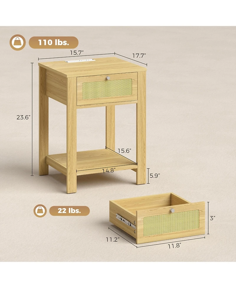 Homcom End Table Set of 2 with Charging Station, Bed Side Tables, Natural