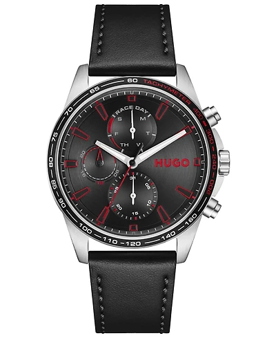 Hugo Boss Men's Drift Quartz Multi Black Calfskin Leather Watch 43mm