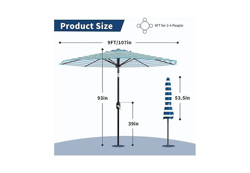 homfan 9 Feet Patio Umbrella, Outdoor Market Umbrella with Push Button Tilt and Crank, 8-Rib Iron Frame, Stripe