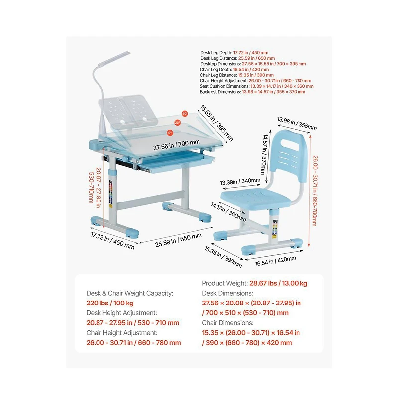 Slickblue Adjustable Kids Study Table with Chair and Lamp