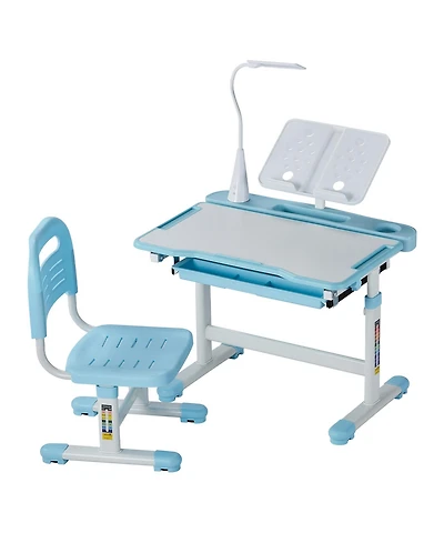 Sugift Adjustable Height Kids Study Desk and Chair Set with Table Lamp and 0-40degree(s) Tilted Desktop