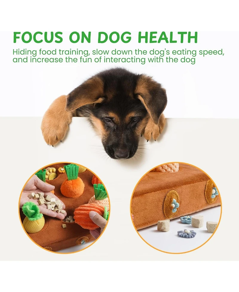 Nocciola 12 Pack Carrot Field Snuffle Dog Toys, Various-Fabric Squeaky Carrots with Hide and Seek Treat-Hiding Plush Mat