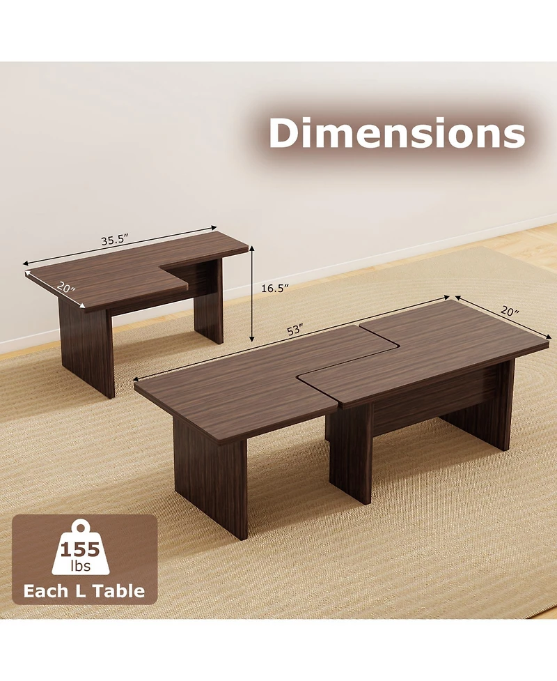 Gymax Modular Coffee Table Set of 2 L Shaped Center Tables for Home Office Apartment
