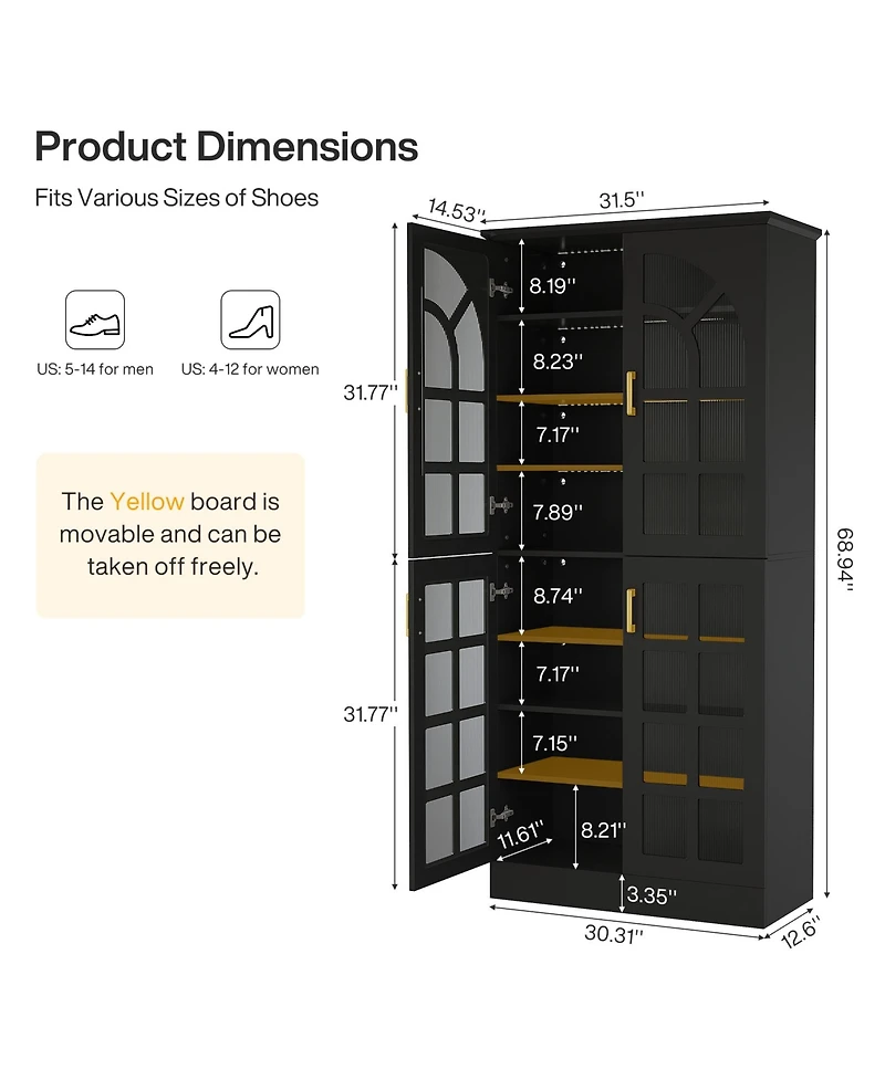 Tribesigns Tall Shoe Cabinet with Doors,Led Lights, 8-Tier,Adjustable