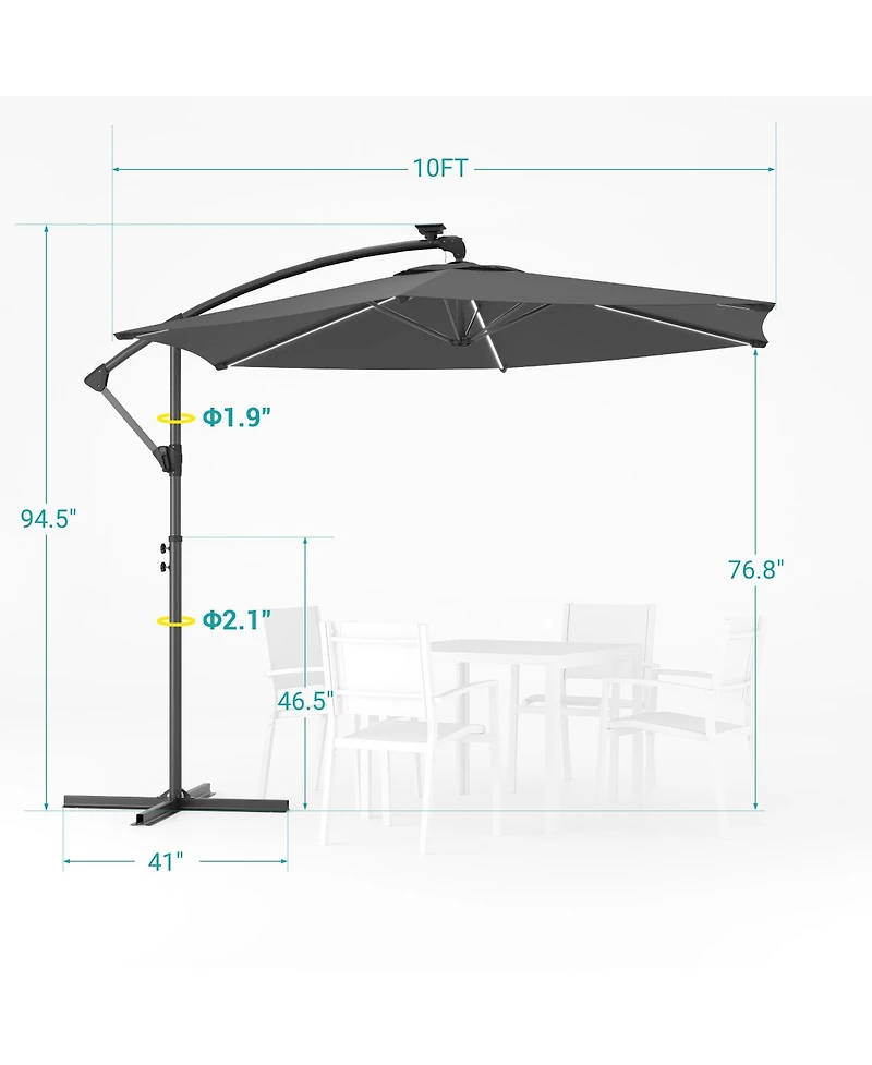 Sonkuki 10 Feet Outdoor Patio Hanging Offset Cantilever Umbrella with Solar Led Lights Cross Base