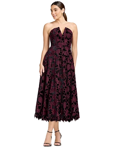 Dress the Population Women's Strapless Floral Fit & Flare Midi