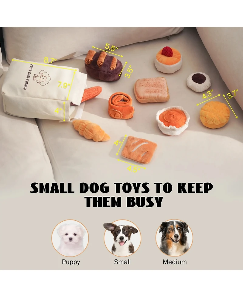 Nocciola 10 Pack Bread Dog Toy Set with Grocery Bag, Cute Crinkle Squeaky Plush Toys, Hide and Seek Enrichment Toy for Small to Medium Dogs