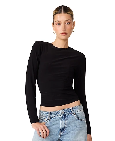 Steve Madden Women's Seline Long-Sleeve Padded Shoulder Crewneck Top