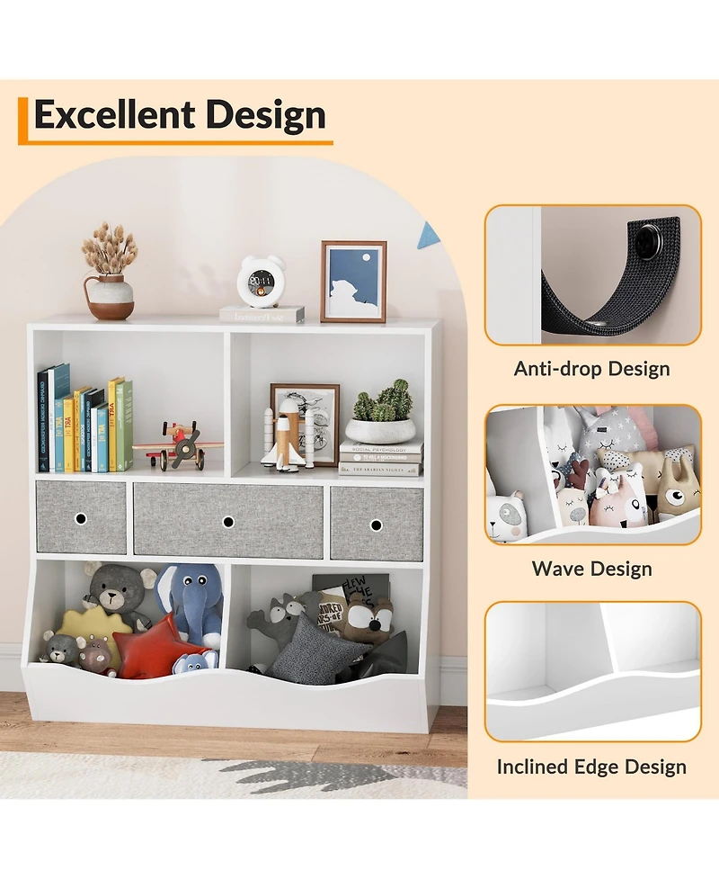 gaomon 2Pcs White Kids Toy Storage Organizer Shelf with 7 Compartments and 3 Fabric Drawers, Wooden Bookcase Cabinet for Playroom Bedroom Hallway