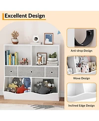 gaomon 2Pcs White Kids Toy Storage Organizer Shelf with 7 Compartments and 3 Fabric Drawers, Wooden Bookcase Cabinet for Playroom Bedroom Hallway