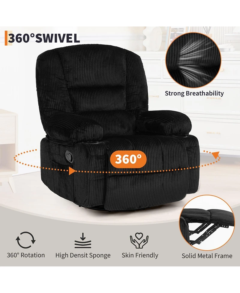 gaomon Oversized Corduroy recliner Chair with Massage and Heat,360degree(s) Swivel Rocker