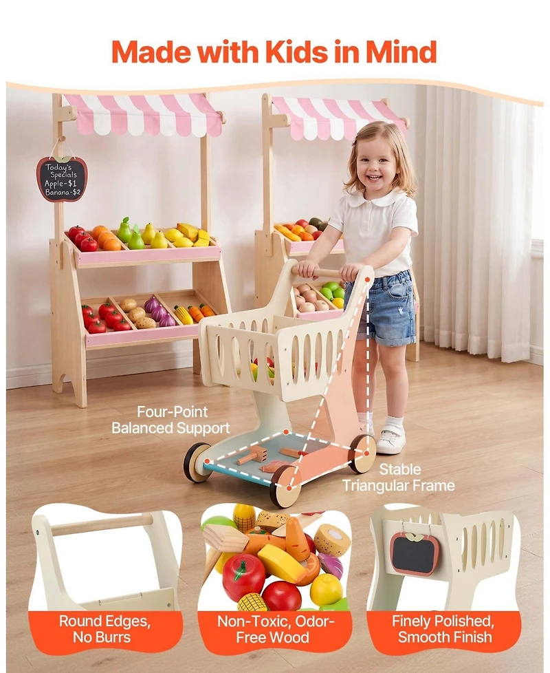 Sugift Wooden Shopping Cart With Storage and Scanner, Ages 3+