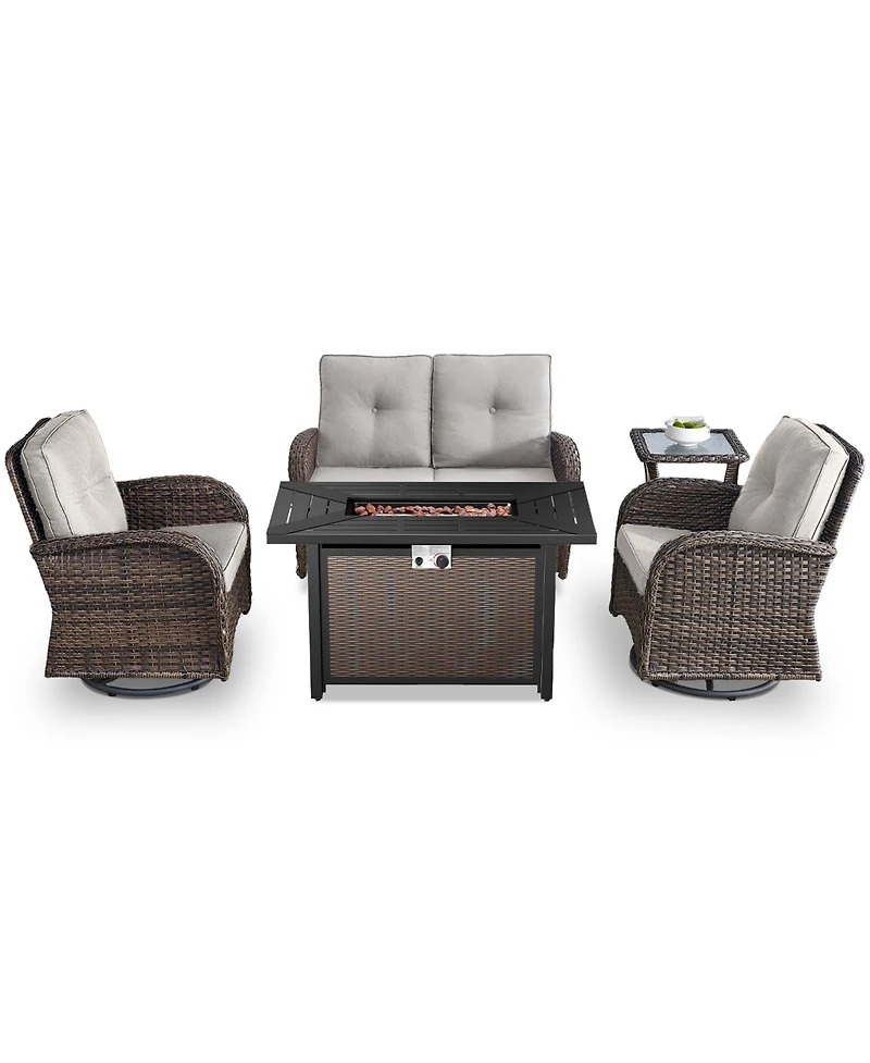 Bellefurn 5-Piece Outdoor Wicker Rattan Patio Glider Loveseat Conversation Set with Swivel Rocking Chairs and Fire Pit Table