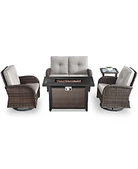 Bellefurn 5-Piece Outdoor Wicker Rattan Patio Glider Loveseat Conversation Set with Swivel Rocking Chairs and Fire Pit Table