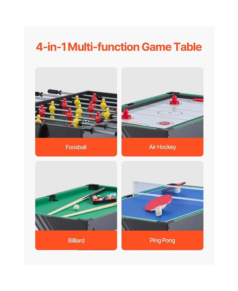 Sevorley 4-in-1 Combo Game Table, 48" Air Hockey, Pool, Foosball, Table Tennis