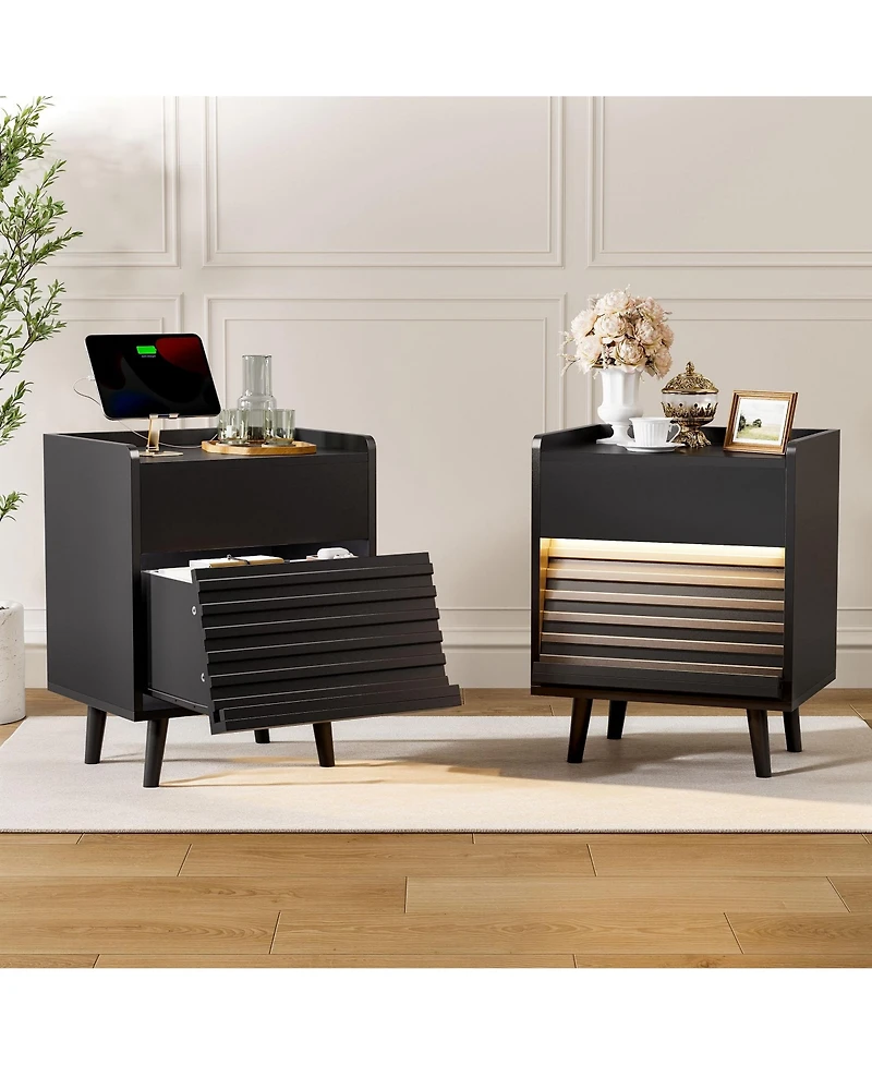 Hausource Modern 2-Drawer Nightstand with Rgb Led Lights and Built-In Charging Power Station