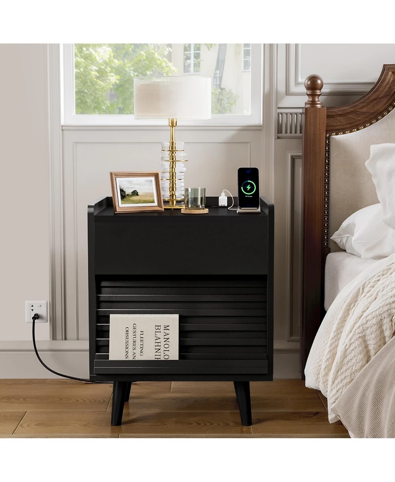 Hausource Modern 2-Drawer Nightstand with Rgb Led Lights and Built-In Charging Power Station