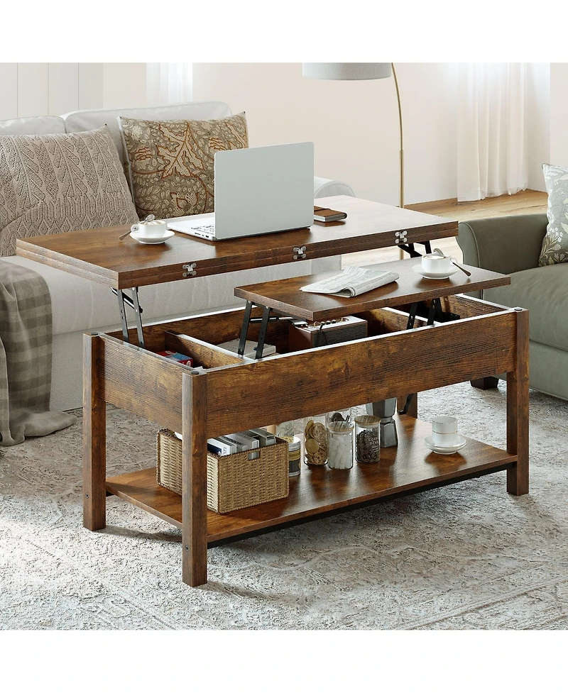 Hausource Lift Top Coffee Table with Dual Design, Hidden Storage and Open Shelf