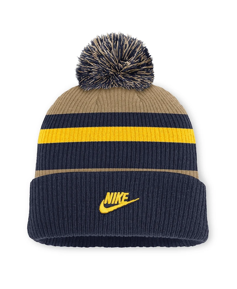 Men's and Women's Nike Navy/Beige Michigan Wolverines Legacy Striped Cuffed Knit Hat with Pom
