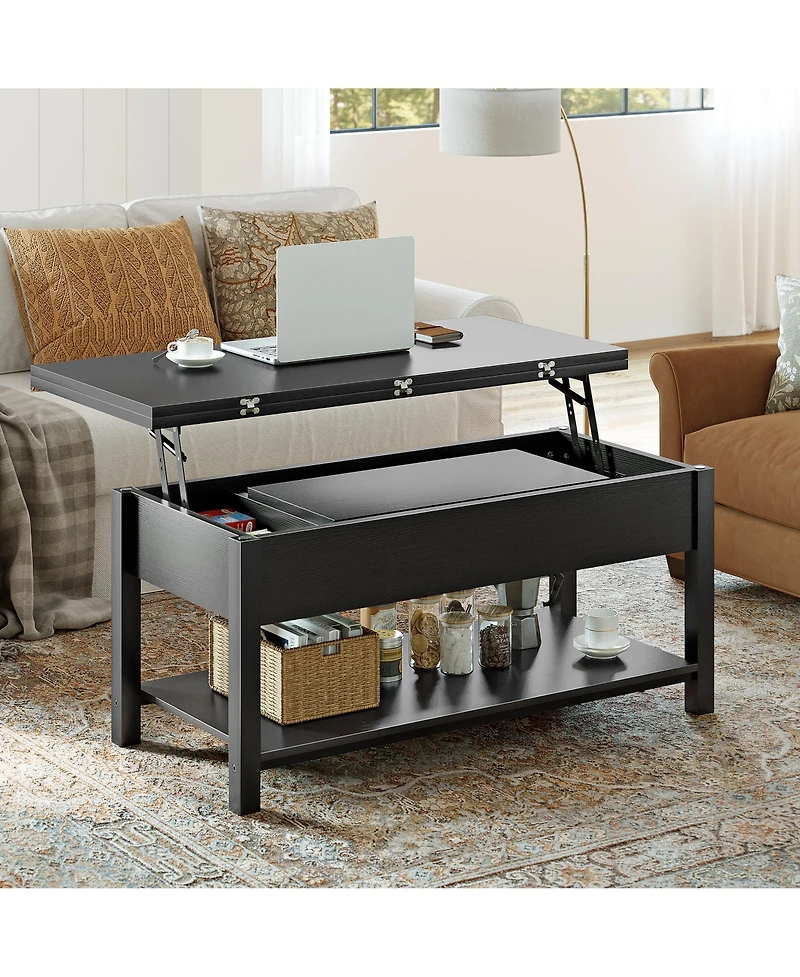 Hausource Lift Top Coffee Table with Dual Design, Hidden Storage and Open Shelf