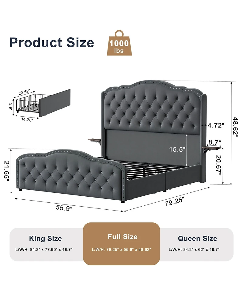 Hausource Velvet Wingback Upholstered Full Platform Bed, 4 Underbed Storage Drawers and 2 Retractable Side Tables, No Box Spring Required