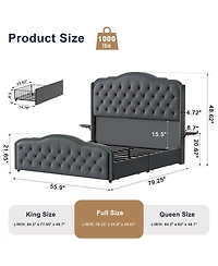 Hausource Velvet Wingback Upholstered Full Platform Bed, 4 Underbed Storage Drawers and 2 Retractable Side Tables, No Box Spring Required