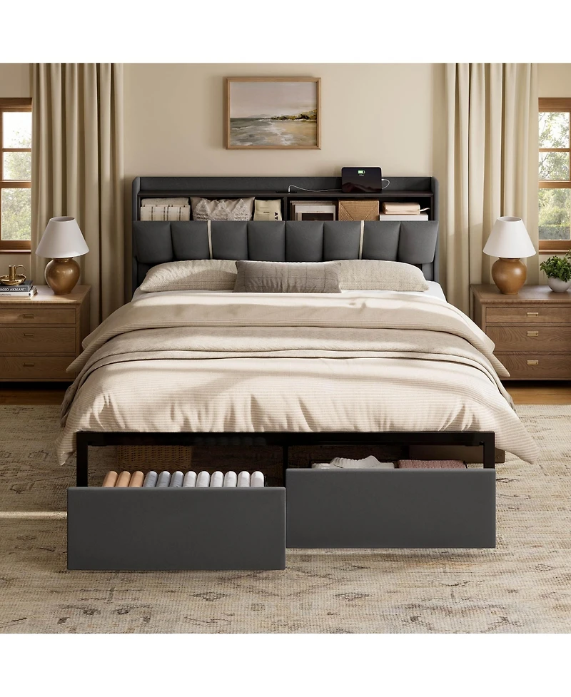 Hausource Upholstered Bed, Open Storage Headboard with Charging Ports, 2 Bed Base Drawers