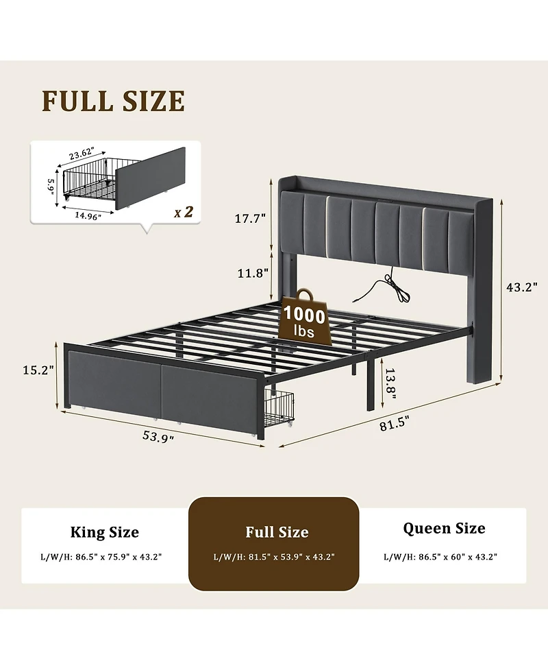 Hausource Upholstered Bed, Open Storage Headboard with Charging Ports, 2 Bed Base Drawers, No Box Spring Needed