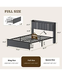 Hausource Upholstered Bed, Open Storage Headboard with Charging Ports, 2 Bed Base Drawers, No Box Spring Needed