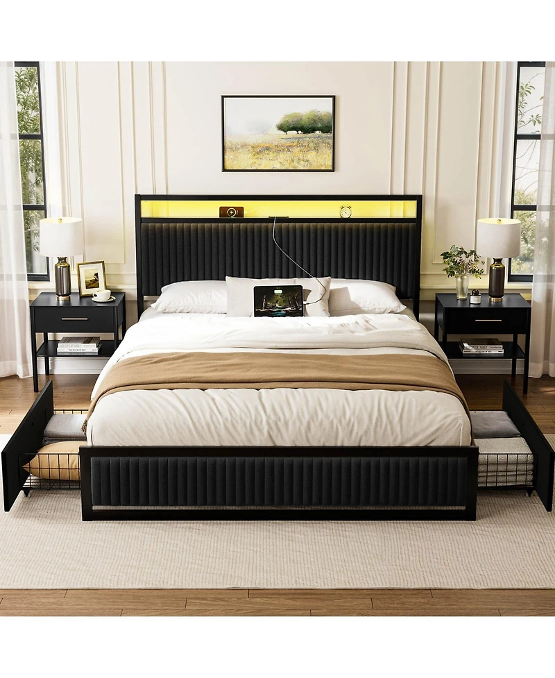 Hausource Full Velvet Upholstered Platform Bed, Movable Drawers, Dimmable Led and Usb-c Charging Hub, No Box Spring Needed