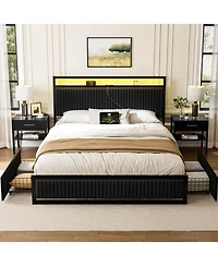 Hausource Full Velvet Upholstered Platform Bed, Movable Drawers, Dimmable Led and Usb-c Charging Hub, No Box Spring Needed