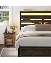 Hausource Queen Farmhouse Storage Platform Bed, Barn Door Headboard with Led and Charging Station, 4 Rolling Drawers, No Box Spring Needed