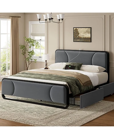 Hausource Curved Tufted Velvet Platform Bed, 4-Position Movable Drawers, Bedside Charging Station