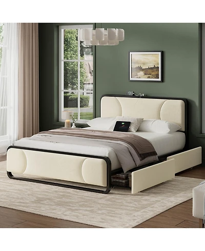 Hausource Curved Tufted Velvet Platform Bed, 4-Way Placeable Underbed Drawers, Bedside Charging Station