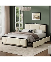 Hausource Curved Tufted Velvet Platform Bed, 4-Way Placeable Underbed Drawers, Bedside Charging Station
