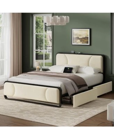 Hausource Curved Tufted Velvet Platform Bed 4 Way Placeable Underbed Drawers Bedside Charging Station No Box Spring Needed