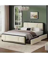 Hausource Curved Tufted Velvet Platform Bed 4 Way Placeable Underbed Drawers Bedside Charging Station No Box Spring Needed