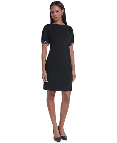 Karl Lagerfeld Paris Women's Boat Neck Sheath Dress With Pearl Sleeve Cuff