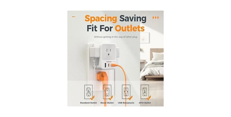 Tessan Wall Outlet Extender with 2 Usb C, 1875W for Home, Office and Travel