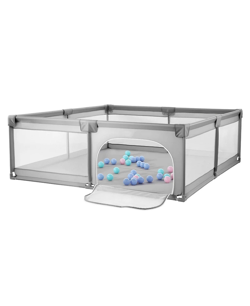 Slickblue Baby Playpen with Zipper Door and Breathable Mesh, Large Indoor Outdoor Play Yard with 50 Ocean Balls