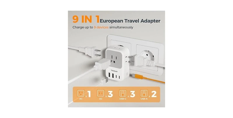 Tessan 28W 9-in-1 Charging European Power Adapter [Compatible with European Outlets]