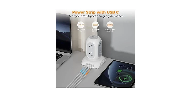 Tessan Flat Plug Power Strip with Usb-c Charging, 10 Feet, 8 Outlets for Phones, Tablets and Other Personal Devices