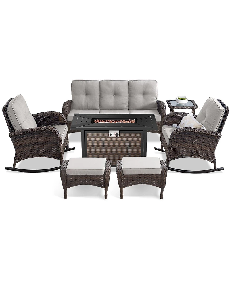 Bellefurn 7-Piece Outdoor Wicker Nighttime Conversation Set for Family Gatherings and Cozy Backyard Nights with Sofa, Rocking Chairs Ottomans
