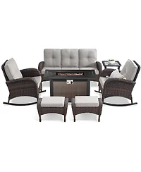 Bellefurn 7-Piece Outdoor Wicker Nighttime Conversation Set for Family Gatherings and Cozy Backyard Nights with Sofa, Rocking Chairs Ottomans