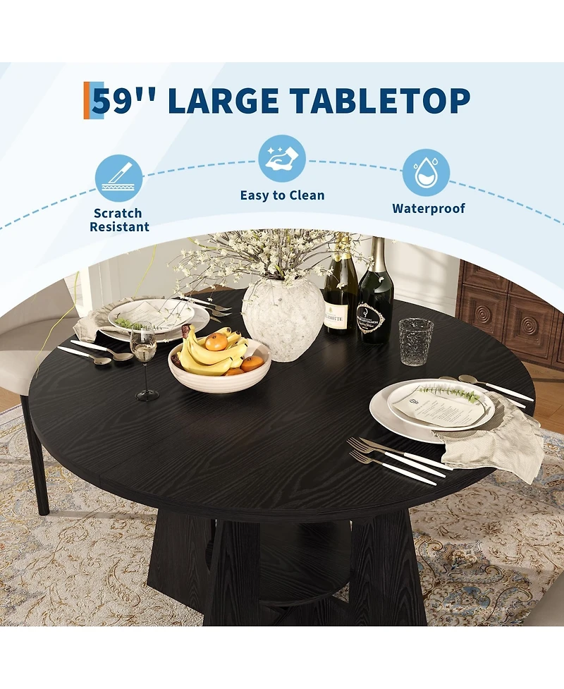 Round Dining Table with Lower Storage Rack, Kitchen Table Featuring Thick Mdf Tabletop, Anti-Scratch Surface and Cross Base to Accommodate Four People