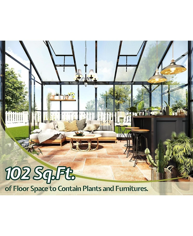 12 x 12 ft Aluminum Frame Polycarbonate Greenhouse, Walk-In Plant House with Door and Windows for Backyard Garden Patio, Black