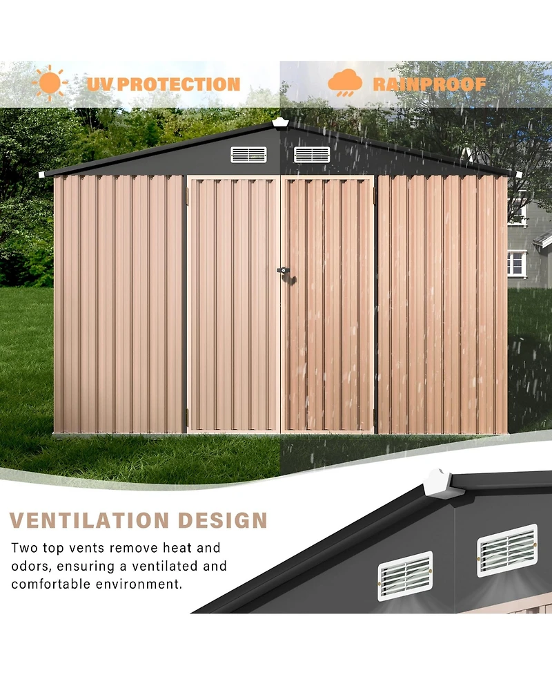 93x63x77 In Galvanized Steel Storage Shed, 6x8 Ft Metal Tool Room with/without Solar Light and Lockable Door for Backyard Patio, Grey/Brown
