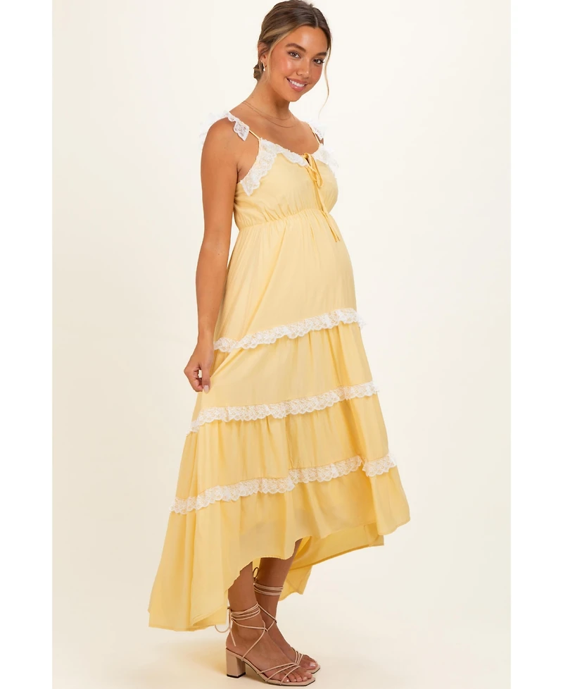 Pinkblush Women's Yellow Lace Trim Tiered Maxi Dress