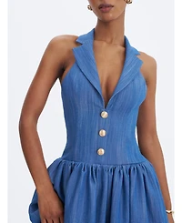 Miss Circle Women's Xyan Navy Denim Lapel Halter A-Line Midi Dress